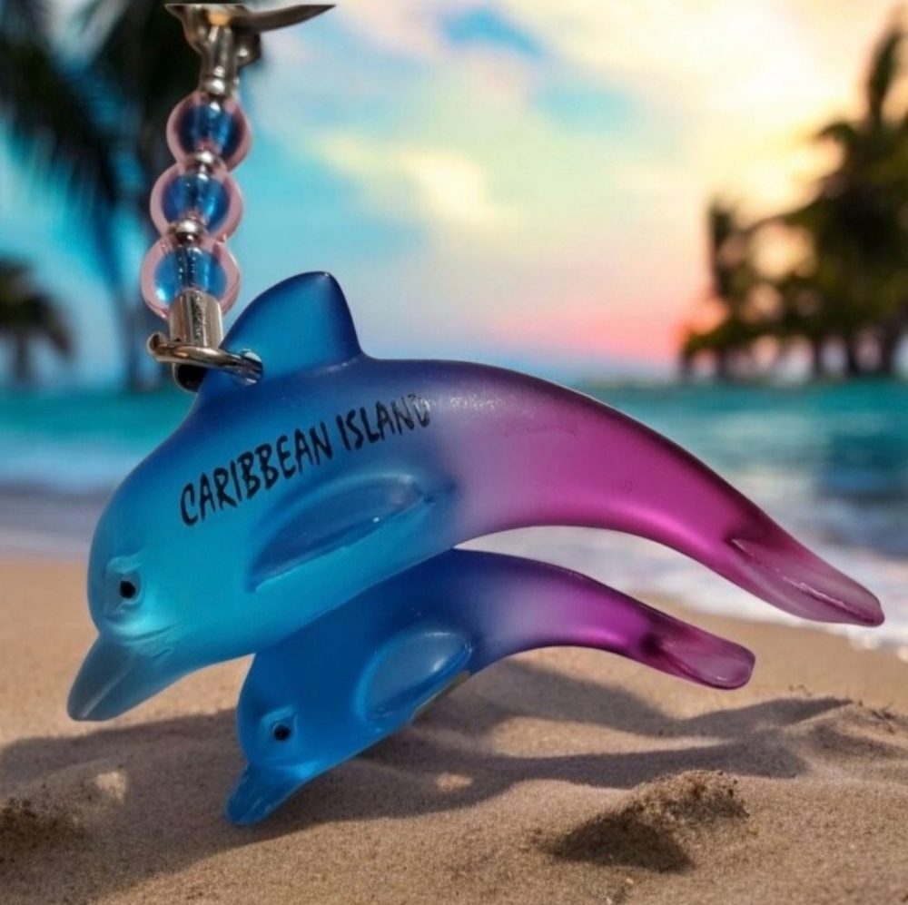 Caribbean Island Keychain with 2 Dolphins